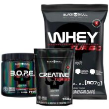 Combo de Suplementos Whey Protein Turbo 907g + Pré Treino B.O.P.E. + Creatina Turbo – Black Skull