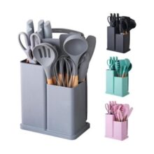 Kit 19 Utensilios de Cozinha Silicone com Cabo de Madeira 19 peças