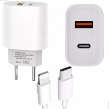 Kit Carregador para iPhone Turbo 40W entrada Dupla USB/USB Tipo C PD 3.0 QC4.0 9.1A e Cabo USB Tipo C para iPhone Lightning