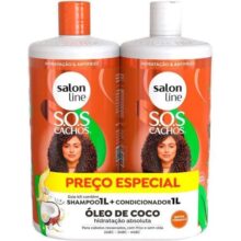 Salon Line, Kit Shampoo e Condicionador, SOS Cachos, Coco, Tratamento Profundo, Vegano – Cabelos Ondulados, Cacheados e Crespos, 1 L cada