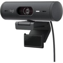 Webcam Full HD Logitech Brio 500 com Microfones Duplos com Redução de Ruídos, Proteção de Privacidade, Correção de Luz e Enquadramento Automático – Grafite